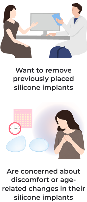 Want to remove previously placed silicone implants, concerned about discomfort or age-related changes in silicone implants